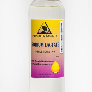 May include: A clear plastic bottle with a white cap, labeled "Sodium Lactate, Percentage - 60, USP Grade Humectant, Natural Preservative, 16 oz., Country of Origin USA, Exp. date" and a yellow triangle with a black silhouette of a woman inside.