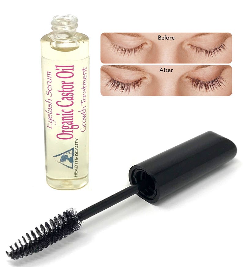 May include: A clear bottle with a pink label that reads "Eyelash Serum Organic Castor Oil Growth Treatment" and a black applicator brush. The bottle is next to a before and after image of a person's eyelashes.