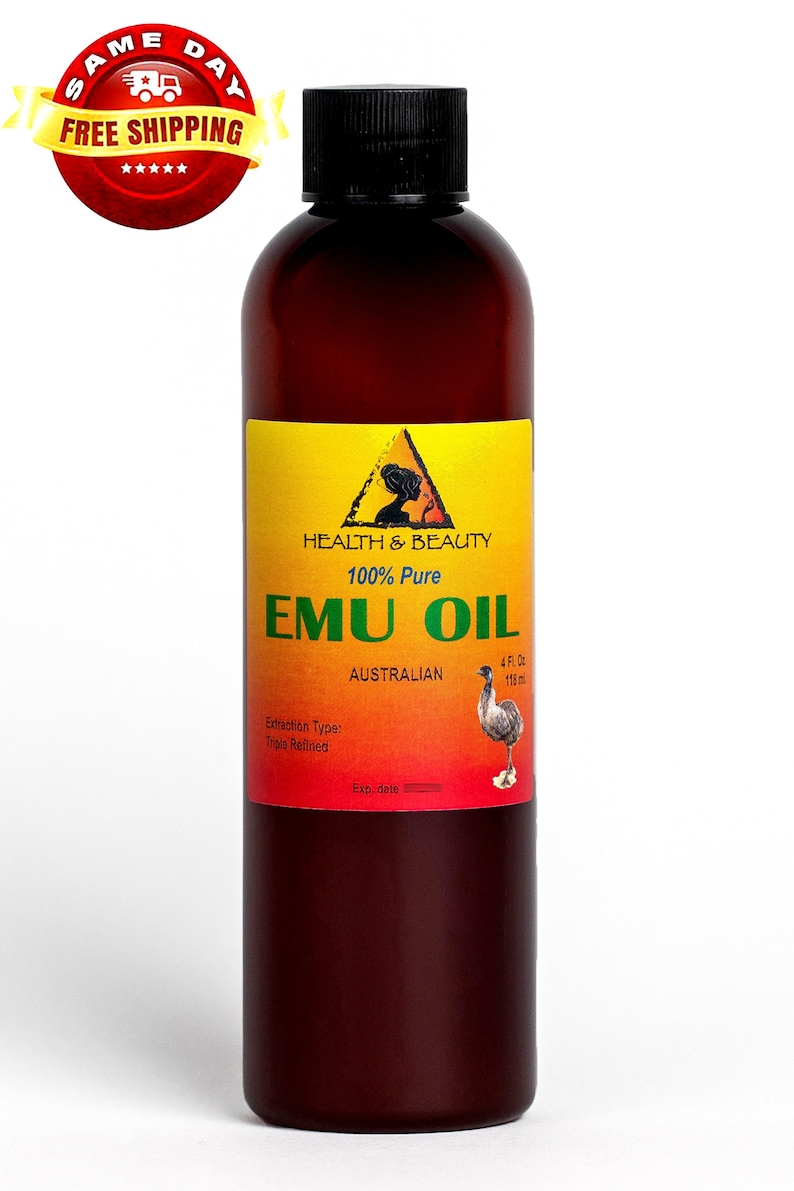 May include: A brown glass bottle of 100% pure Australian emu oil. The label is yellow with a red border and features a black silhouette of an emu. The label also says "Health & Beauty" and "Extraction Type: Triple Refined".