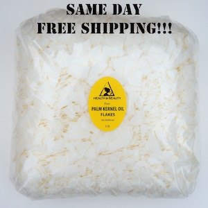 May include: A clear plastic bag filled with white palm kernel oil flakes. The bag has a yellow label with the text "HEALTH & BEAUTY Pure PALM KERNEL OIL FLAKES No Additives 5 lb."