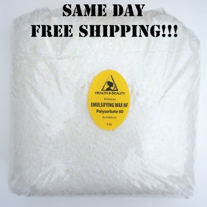 May include: A white, 5 lb bag of emulsifying wax NF with polysorbate 60. The bag is labeled with a yellow warning sign that reads "Health & Beauty" and "Polawax". The label also states "No Additives".