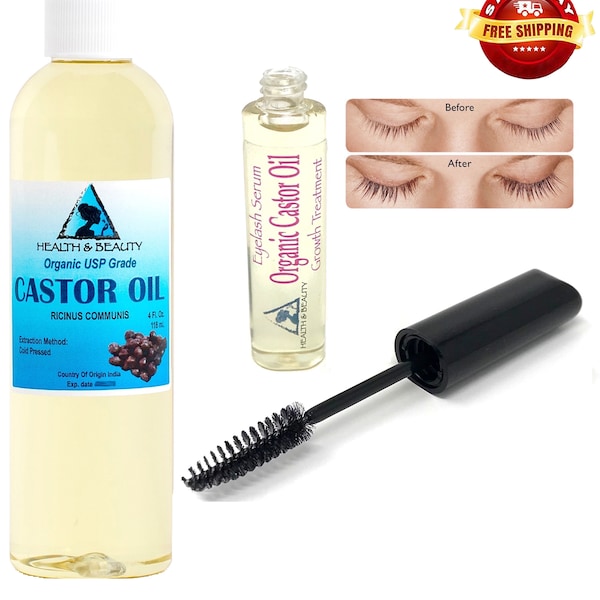 Castor Oil 4 oz bottle + Stimulate Eyelash Growth Serum Cold Pressed Organic 100% Pure Hexane Free in Mascara Tube
