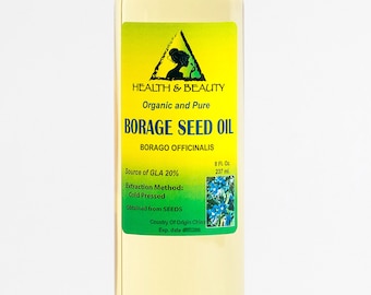 May include: A clear glass bottle with a white cap containing 8 fluid ounces of Borage Seed Oil. The label is yellow with green text and a green triangle with a woman's silhouette. The label reads "Health & Beauty Organic and Pure Borage Seed Oil  Borage Officinalis Source of GLA 20% Extraction Method: Cold Pressed Obtained from SEEDS Country of Origin China Exp. date 8 Fl. Oz. 237 ml."