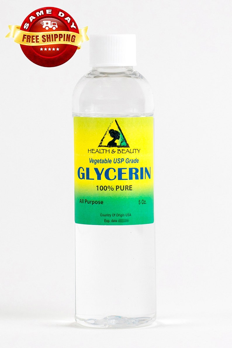 May include: A clear glass bottle with a white cap containing 5 ounces of 100% pure vegetable glycerin. The label is green and yellow with the text "HEALTH & BEAUTY Vegetable USP Grade GLYCERIN 100% PURE All Purpose 5 Oz. Country Of Origin USA Exp. date"
