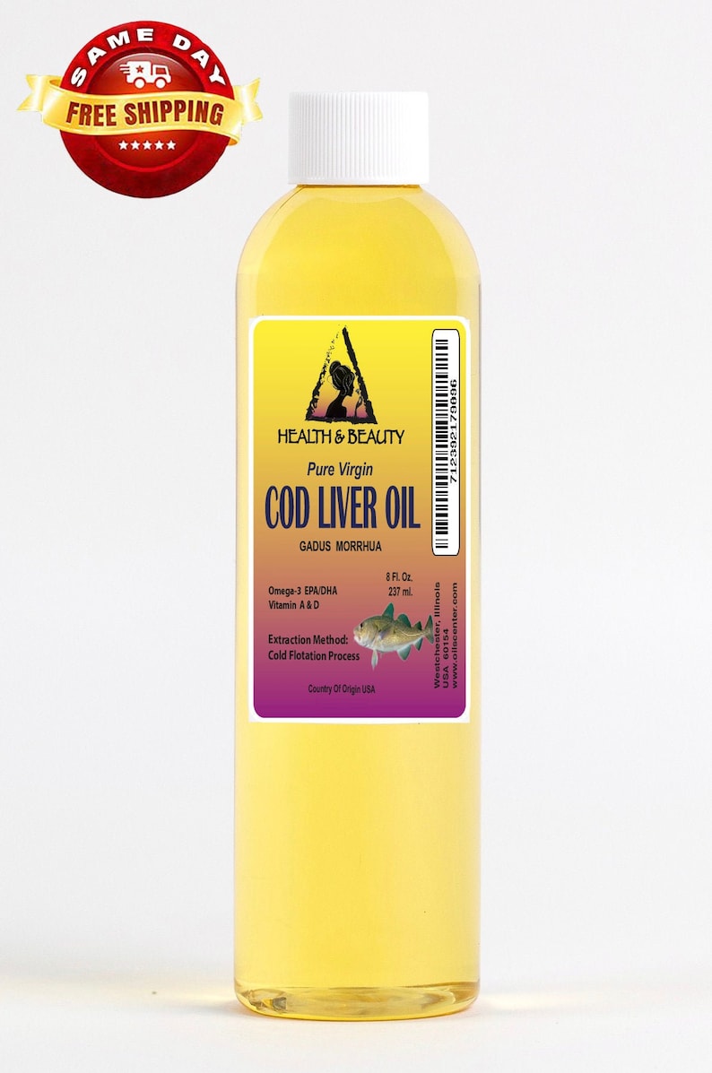 May include: A clear glass bottle of pure virgin cod liver oil with a yellow label. The label reads "Health & Beauty", "Pure Virgin", "Cod Liver Oil", "Gadus Morrhua", "Omega-3 EPA/DHA Vitamin A&D", "8 FL. Oz. 237 ml.", "Extraction Method: Cold Flotation Process", "Country Of Origin USA", "Westchester, Illinois USA 60154", "www.oilscenter.com", and a barcode.