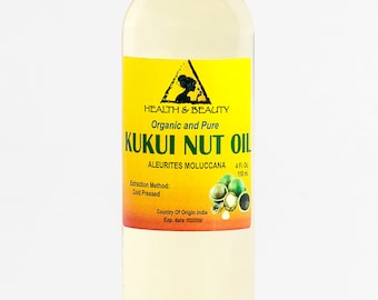 May include: A clear glass bottle with a yellow label containing organic and pure Kukui Nut Oil. The label features a triangle with a woman's silhouette and the text "Health & Beauty". The bottle is 4 fluid ounces (118 ml) and the oil is cold pressed. The country of origin is India.