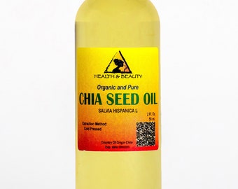 May include: A clear glass bottle with a yellow liquid inside. The bottle has a white cap and a yellow label with the text "HEALTH & BEAUTY", "Organic and Pure", "CHIA SEED OIL", "SALVIA HISPANICA L", "2 FL. OZ", "59 ml", "Extraction Method: Cold Pressed", "Country Of Origin Chile", and "Exp. date".