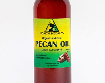 May include: A 4-ounce bottle of organic and pure pecan oil. The bottle is brown glass with a black cap. The label is green and yellow with the words "Health & Beauty", "Organic and Pure", "Pecan Oil", "Carya Illinoinensis", "4 Fl Oz", "113 ml", "Extraction Method: Cold Pressed Unrefined", "Country of Origin USA", and "Exp. date".