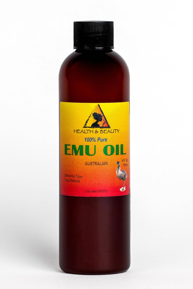 May include: A brown glass bottle of 100% pure Australian emu oil. The label is yellow with a red and orange gradient at the bottom. It says "Health & Beauty", "100% Pure", "Emu Oil", "Australian", "4 fl oz", "118 ml", "Extraction Type: Triple Refined", and "Exp. date 20137". There is a drawing of an emu on the label.
