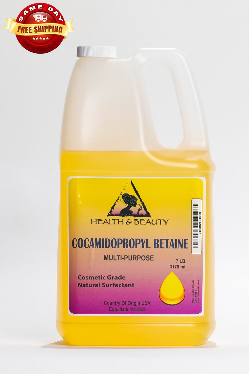 May include: A yellow plastic jug with a white cap containing 7 pounds (3178 ml) of  Cocamidopropyl Betaine, a cosmetic grade natural surfactant. The label reads "Health & Beauty" and "Multi-Purpose".