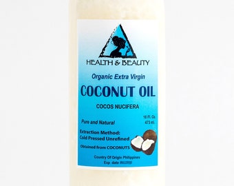 May include: A clear glass bottle of organic extra virgin coconut oil with a blue and white label. The label says "Health & Beauty", "Coconut Oil", "Cocos Nucifera", "Pure and Natural", "Extraction Method: Cold Pressed Unrefined", "Obtained from COCONUTS", "Country of Origin Philippines", and "Exp. date".