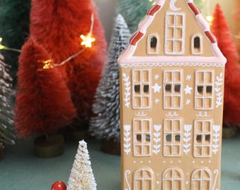 Hand Painted Ceramic Christmas Gingerbread Tall House - Tea light holder, Red and Green Christmas, Cute cottagecore, folk art, hygge