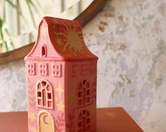 Hand Painted Ceramic Celestial Sun and Stars House - Tea light holder, Magical, Witchy Decor, Gold, Pink, Warm Tones, Christmas Decor