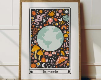 Le Monde World Tarot Card Wall Art Print - A4 or A5 - Witchy Wall Art, Halloween, Autumnal Decor, Dark Academia, Gothic, Celestial Art