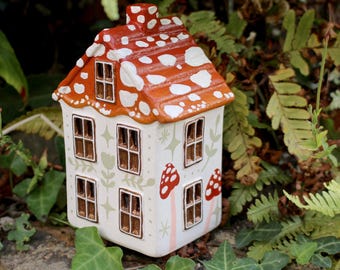 Hand Painted Ceramic Mushroom Autumn House - Tea light holder, Autumn Fall Decor, Toadstool, Cottagecore, Halloween