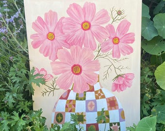 Cosmos in Vase Painting | Floral Wall Art | Botantical Painting | Patchwork Quilt Vase | Garden-inspired Decor | Cottagecore