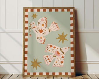 Folk Floral Dove Birds Wall Art Print - Boho Folk Art, Whimsical Wall Decor, Nursery Kids Room Art