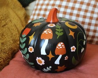 Hand Painted Ceramic Pumpkin - Floral, Black, Mushrooms, Spooky, Witchy, Folk, Cottagecore, Autumn Decor, Moon, Stars, Woodland