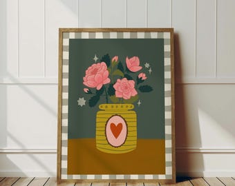 Rose Vase Flower Wall Art Print | Birth Month Flower Floral Wall Art | Pink Rose Birthday Gift | Cottagecore Artwork