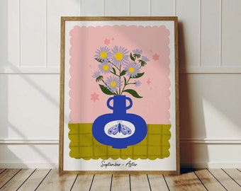 Aster September Birth Flower Wall Art Print | Birthday Month Present | Cottagecore Botanical Decor | Colourful Floral Art