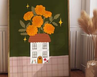 Birth Flower Print - October, Marigold - Floral Wall Art - Flower Gift, Flower Vase Illustration