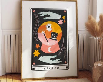 Magician Crystal Ball Tarot Card Wall Art Print - Witchy Wall Art, Halloween, Autumnal Decor, Dark Academia, Gothic, Celestial Art