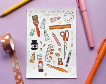 May include: A sticker sheet with illustrated art supplies, including paint tubes, brushes, a palette, and scissors. The sheet is surrounded by a yellow pencil, pink and orange markers, and decorative tape with a celestial design. The text "ART SUPPLIES STICKER SHEET" is visible.