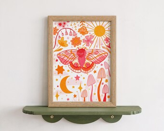 Whimsical Moth Floral Wall Art Print  - A5 or A4 -