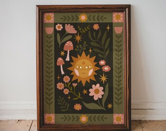 Folk Art Celestial Sun Print - Quilt, Patchwork, Floral