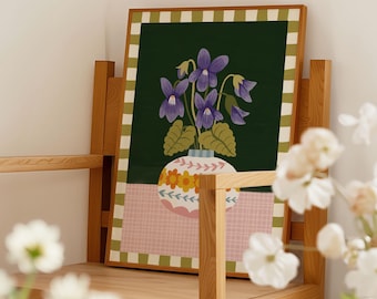 Birth Flower Print - February, Violet - Floral Wall Art - Flower Gift, Flower Vase Illustration