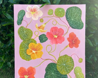 Original Nasturtium Floral Painting Canvas | Acrylic Gouache Botantical Art | Nature-inspired Decor | Pink and Green Wall Art