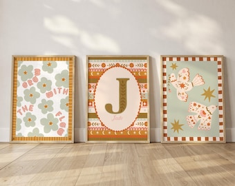 Set of 3 Personalised Folk Floral Art Prints - Nursery, Kids Room, Initial, Name, Playroom Decor