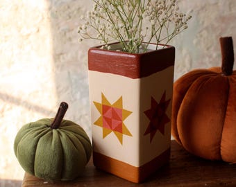 Quilt Sawtooth Star Ceramic Hand Painted Vase - Autumnal Decor, Autumn Gift, Warm Tones, Christmas Decor