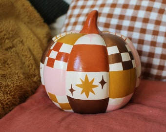 Hand Painted Ceramic Pathwork Pumpkin -  Warm toned, Spooky, Witchy, Folk, Cottagecore, Autumn Decor, Moon, Stars, Woodland