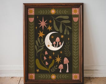 Folk Art Celestial Moon Print - Quilt, Patchwork, Floral