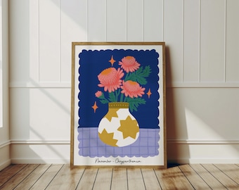 Birth Flower Print - November, Chrysanthemum - Floral Wall Art - Flower Gift, Flower Vase Illustration