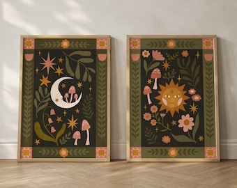 Folk Art Celestial Sun & Moon Set of Two Wall Prints- Quilt, Patchwork, Floral