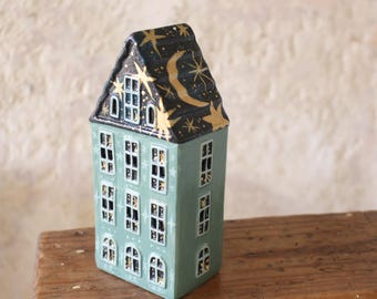 Hand Painted Ceramic Celestial Stars Moon House - Tea light holder, Magical, Witchy Decor, Gold, Starry Christmas Decoration