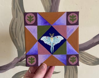 Luna Moth Quilt Star Canvas Painting - Original, Patchwork, Sawtooth, Cottagecore, Whimsical, Cosy Decor