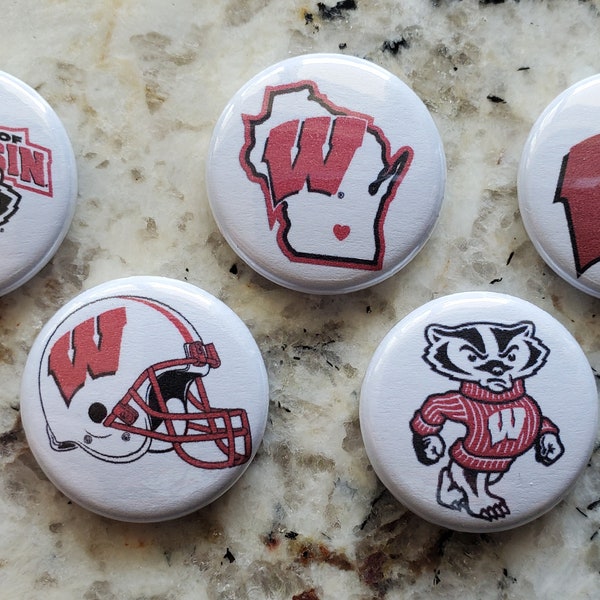 Five 1" ONE INCH DIAMETER University of Wisconsin Badgers pins pinback buttons