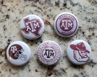 Five 1" ONE INCH DIAMETER Texas A&M pins pinback button Gig 'em Aggies!
