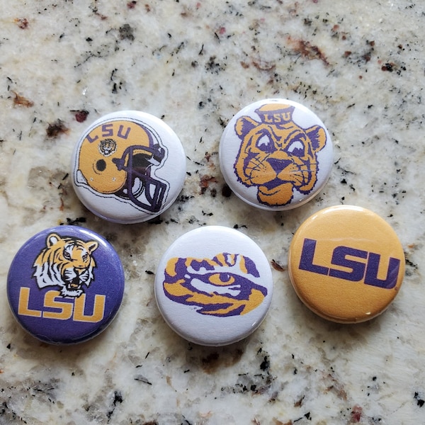 Five 1" ONE INCH diameter LSU pins pinback button Geaux Tigers!