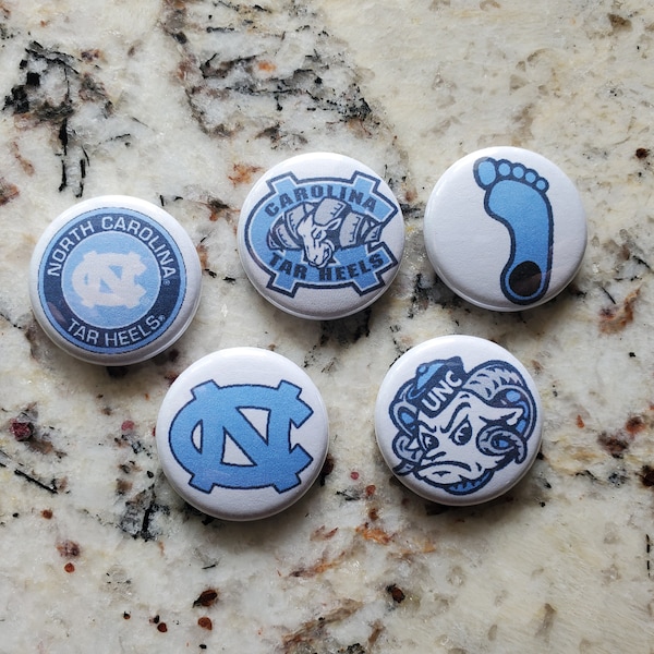 Five 1" ONE INCH DIAMETER University of North Carolina Tar Heels pins pinback button