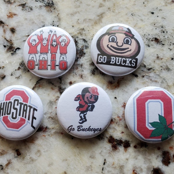 Five 1" ONE INCH diameter THE Ohio State University Buckeyes pins pinback button Go Bucks!