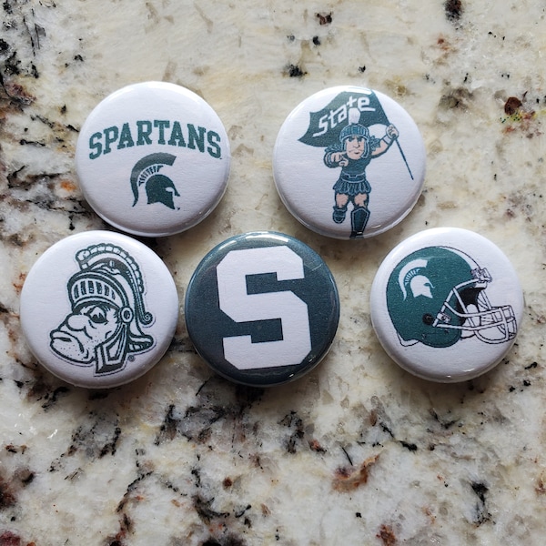 Five 1" ONE INCH diameter Michigan State University pins pinback button MSU Go Sparty!