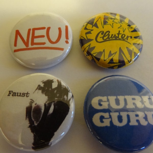 Four 1" pins krautrock Faust Cluster Neu! Guru Guru pinback button