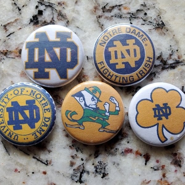 Five 1" ONE INCH DIAMETER University of Notre Dame Fighting Irish pins pinback button Go Irish!