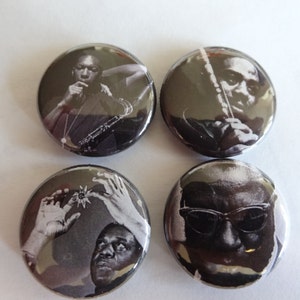 Four 1" ONE INCH DIAMETER jazz pins John Coltrane Eric Dolphy Thelonious Monk Sun Ra pinback button free