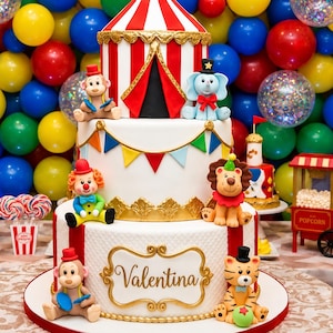 May include: A multi-tiered circus-themed cake with fondant animal figurines, including a monkey, elephant, lion, and tiger. The cake features a red and white striped circus tent topper, colourful bunting, and the name "Valentina" in gold script.