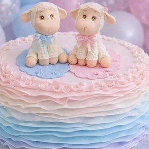 Puede incluir: Un pastel de varios niveles con glaseado pastel azul, rosa y blanco. Dos figuras de cordero con lazos azules y rosas se colocan encima del pastel. El pastel está decorado con glaseado con volantes y está rodeado de globos y velas.